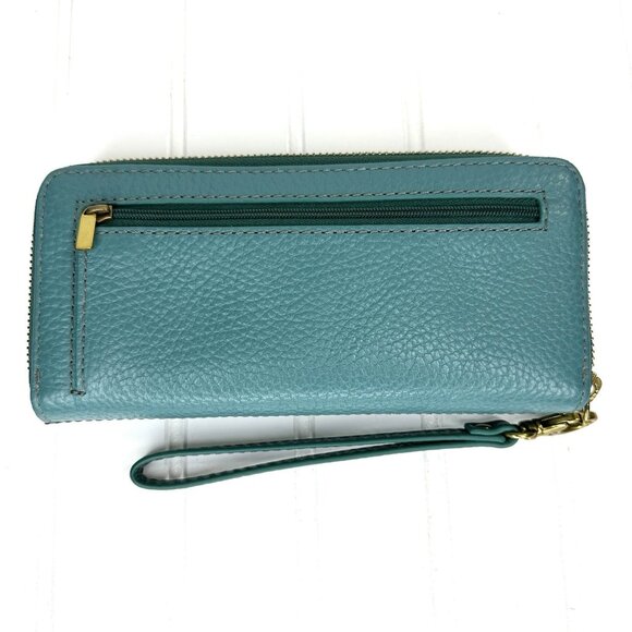 FOSSIL Madison Clutch Wristlet Wallet Leather Pebble Teal Blue Green Zip Around - Picture 2 of 8